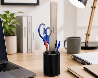 Modern Ribbed Pen Holder, Minimalist Desk Organizer, Scandinavian Cylinder Pencil Cup, 3D Printed Stationery Pot, Office Storage Caddy