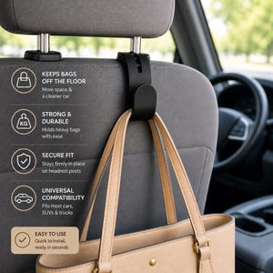Universal Car Seat Headrest Hook, Bag Hanger Holder for Handbag Purse, Grocery Tote Organiser, 3D Printed Car Accessory Gift