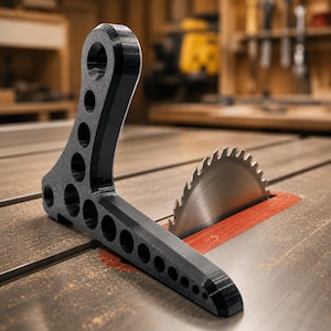 May include: A black, L-shaped woodworking tool with multiple circular holes, positioned near a circular saw blade. The saw blade is silver with sharp teeth, and the tool rests on a wooden surface.