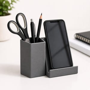 Desk Organizer with Phone Holder, Modern Pen Pencil Cup, Minimalist 3D Printed Desktop Caddy, Office Storage Stand, Home Office Gift