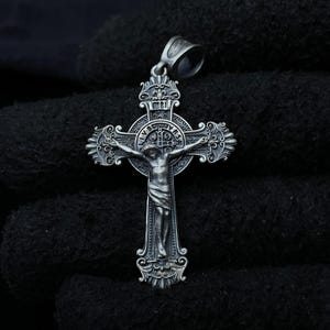Jesus Crucifix Silver Necklace - Saint Benedict Cross Pendant - Christian Jewelry Valentine Gift - Christian Necklace Gift for Him
