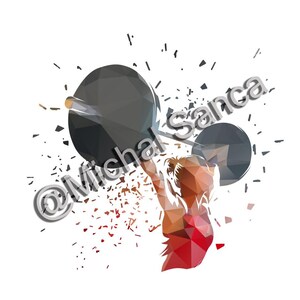 May include: A geometric illustration of a person lifting a barbell overhead. The figure is rendered in shades of red and orange, with a dark gray barbell. The image includes the text "@Michal Sanca".
