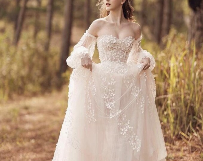 Boho Floral Embroidered Wedding Dress For Bride | V-Neck Long Sleeve A-Line Gown With Train (Ivory/White/Green)