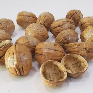 May include: A group of walnuts, some with their shells removed, on a white surface. The walnuts are brown and have a rough texture.