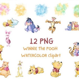 Winnie the Pooh Watercolor Clipart – 12 PNGs + 4 Watercolor Blobs