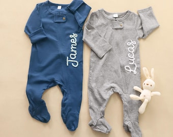 Personalized Going Home Outfit, Custom Boy Zip Romper, Embroidered Baby Romper, Nursery Gifts