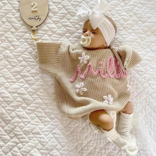 Personalized Hand Embroidered Name Jumper, Custome Knit Sweater, Newborn Name Baby Outfit, Birthday Gift For Baby Girls Boys