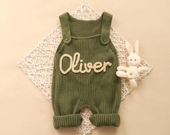 Personalized Embroidered Boy Dungarees, Beary First Birthday Outfit, Custom Newborn Jumpsuit, 1st Birthday Gift, Knitted One Romper