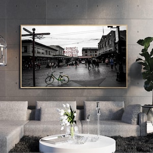 Seattle Cityscape Photography | Public Market Photography | Seattle Washington | Wall Art | Bedroom and Living Room Wall Art | B&W Photo