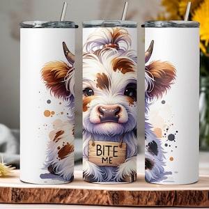 PNG, Highland cow bite me, cute sassy, sarcastic, spotted, tumbler wrap, Commercial Use, instant download, skinny tumbler, instant download