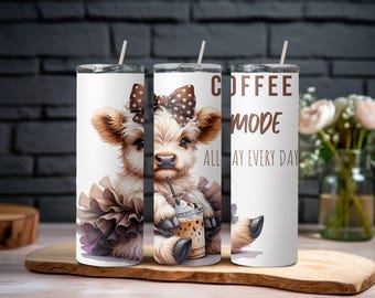 ハイランド牛のタンブラーラップ、愛らしいコーヒーモード、タンブラーラップ PNG、デジタルダウンロード、昇華デザイン、シームレスなタンブラーラップ、アイスコーヒー。