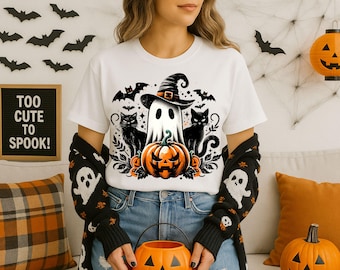 Süßer Geist als Png, Sublimationsdesign digitaler Download, Geist mit schwarzem Hexenhut als Png, Halloween als Png, Geist als Png, Halloween-Geist mit rotem Kürbis, Kürbis