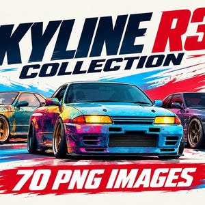 Può includere: Un grafico digitale che mostra tre auto sportive Skyline R32 con fari gialli, su uno sfondo di schizzi di vernice blu e rossa. Il testo SKYLINE R32 COLLECTION e 70 PNG IMAGES è visualizzato in grassetto con caratteri blu scuro e rossi.