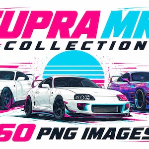 Könnte beinhalten: Eine digitale Grafik mit drei Toyota Supra MK4 Sportwagen mit dem Text SUPRA MK4 COLLECTION und 60 PNG IMAGES. Die Autos sind in weißen und lebendigen, mehrfarbigen Lackierungen vor einem weißen Hintergrund mit einer cyanfarbenen Sonne dargestellt.