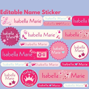 Puede incluir: Una colección de pegatinas con el nombre "Isabella Marie" en rosa y blanco en varias formas y diseños. Algunas pegatinas presentan ilustraciones de una bailarina, tacones altos y notas musicales. El texto "Editable Name Sticker" está en la parte superior.