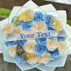 Personalized Ribbon Rose Bouquet, Custom Message Flower Arrangement, Pastel Blue Ramo Buchon, Forever Roses , Quince Bouquet, Birthday Gift