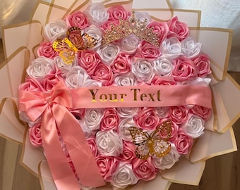 Elegant Large Rose Bouquet, Personalized Message Ribbon Flower Arrangement, Custom Pink Ramo Buchon, Handmade Eternal Roses, Quince Gift
