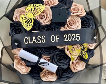 Graduation Bouquet with Cap & Diploma, Class of 2025 Graduation Gift, Grad Keepsake, Customizable Black and Gold Eternal Rose Bouquet