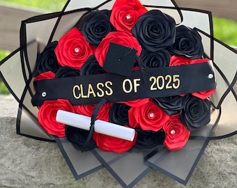 Class of 2025 Graduation Bouquet – Red & Black Faux Rose Gift with Cap, Diploma, and Bow | Grad Party Decor | Customizable Message