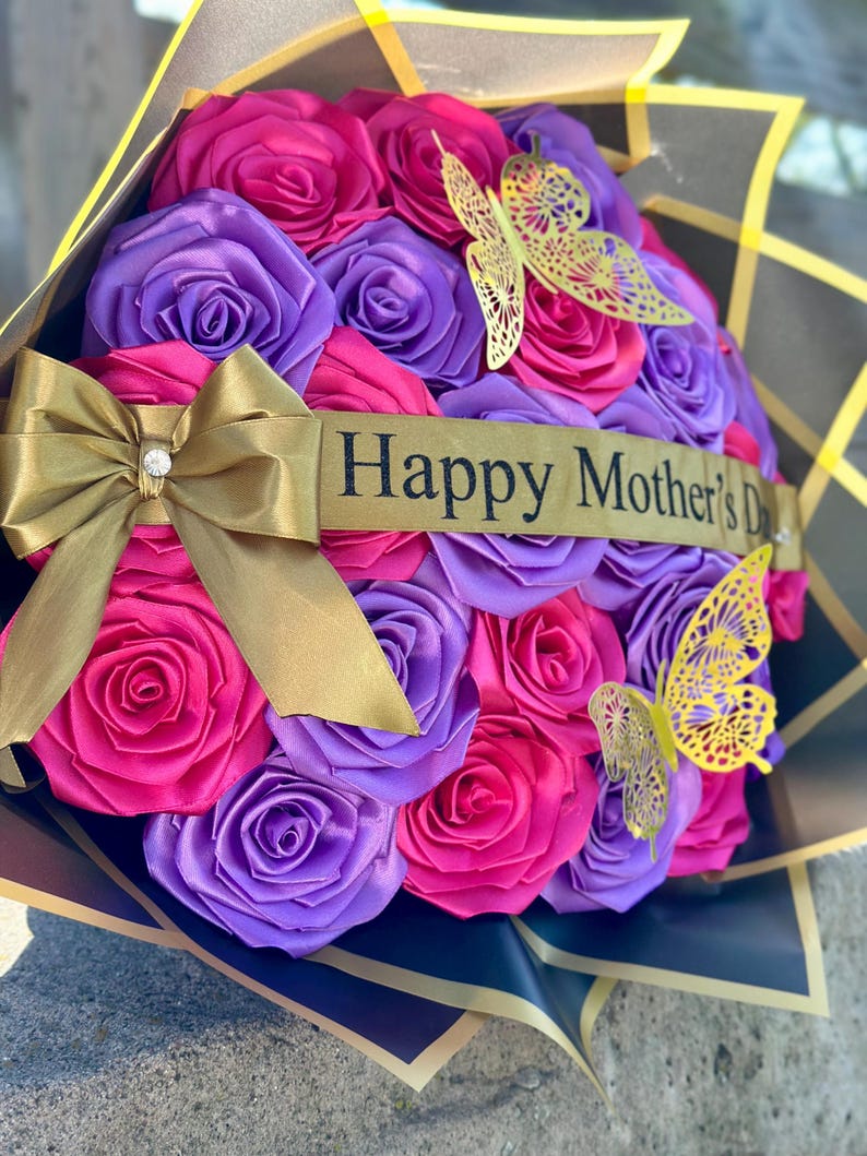 Red Roses Custom Custom Message Flower Bouquet With Gold Ribbon & Butterflies | Pink and ...