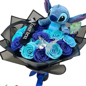 Stitch Plushie Glitter Rose Bouquet | Personalized Message Flower Gift, Eternal Roses, Forever Rose Arrangement, Customizable Birthday Gift