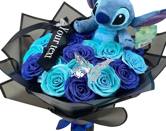 Stitch Plushie Glitter Rose Bouquet | Personalized Message Flower Gift, Eternal Roses, Forever Rose Arrangement, Customizable Birthday Gift