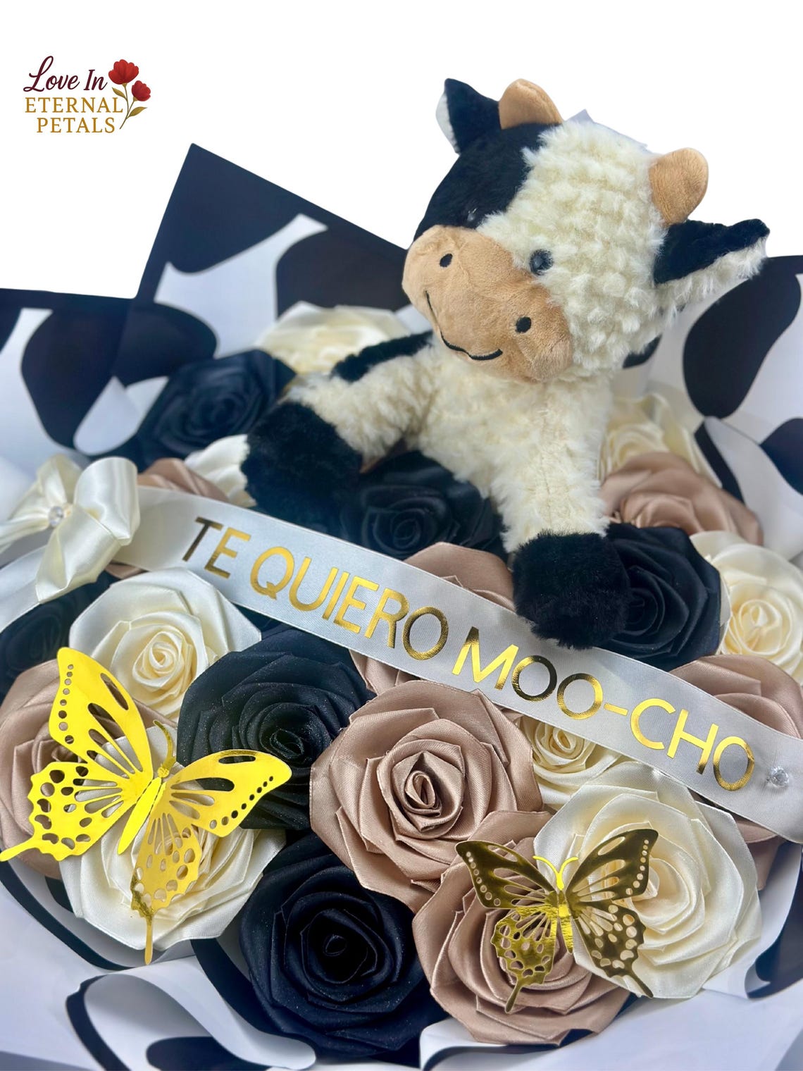 Cow Ribbon Ramo Te Quiero Moo-cho Cow Plush Bouquet, Handmade Ribbon Rose Flower ...