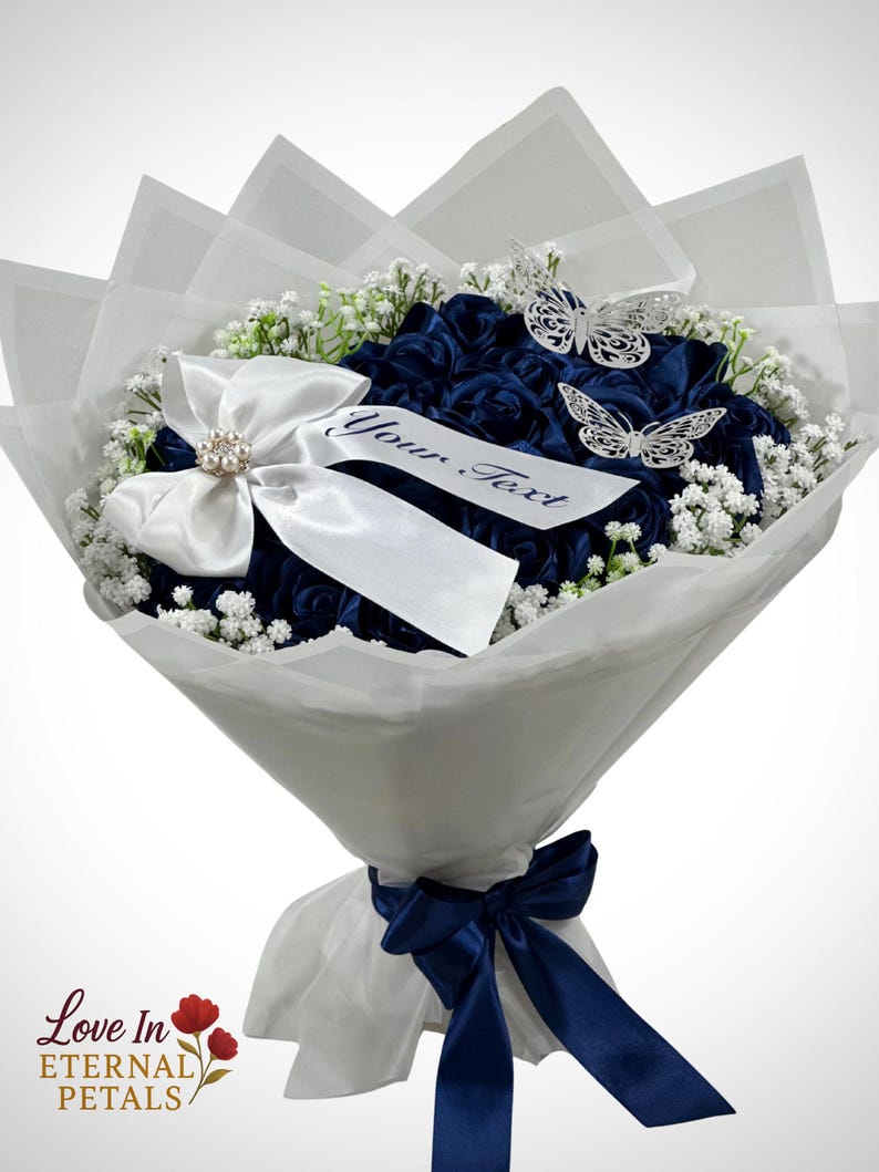 Personalized Ribbon Rose Bouquet With Baby’s Breath- Navy Blue Roses ...