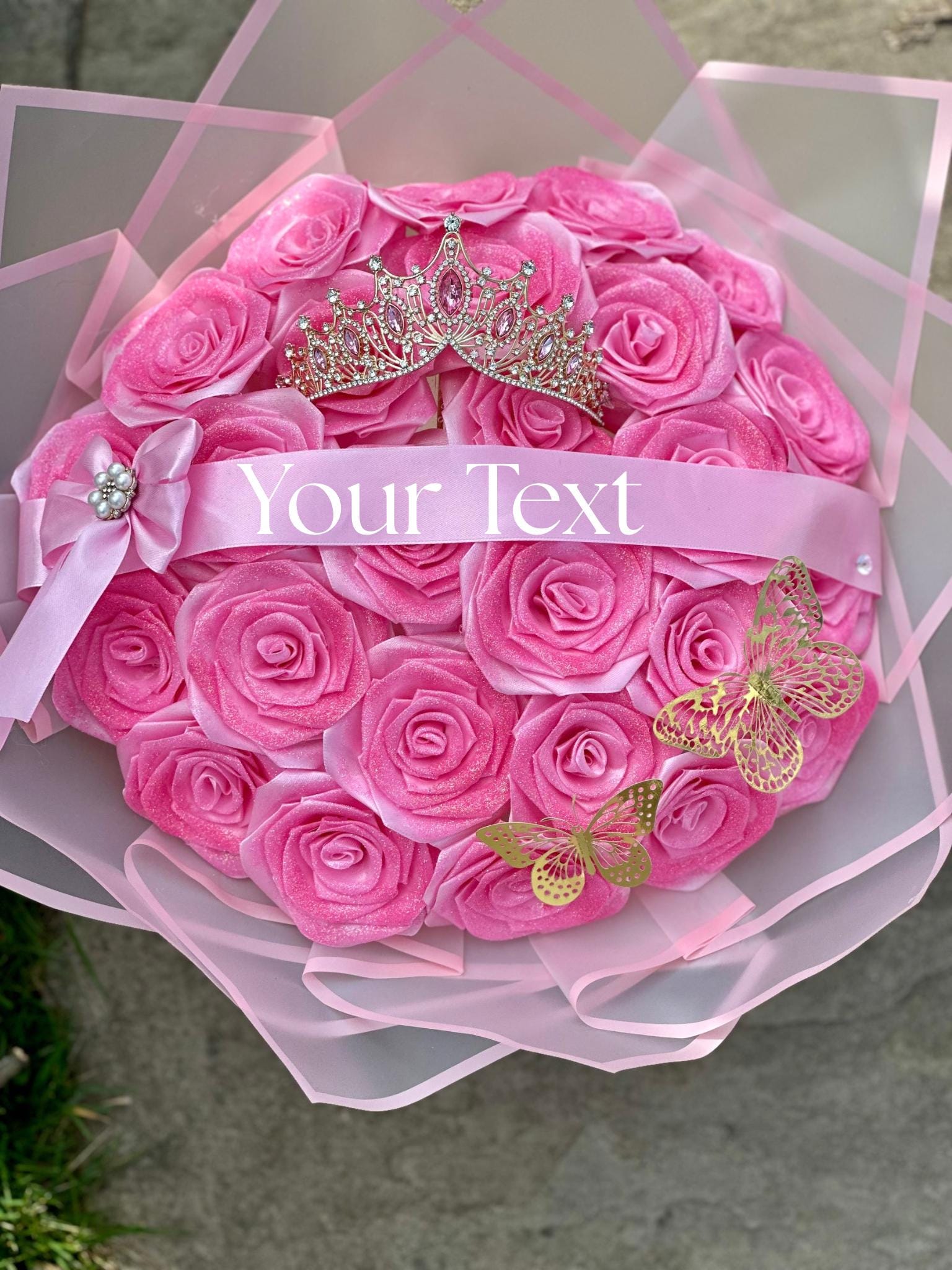 Custom Glitter Rose Bouquet – Personalized Pink Tiara Flower Gift 