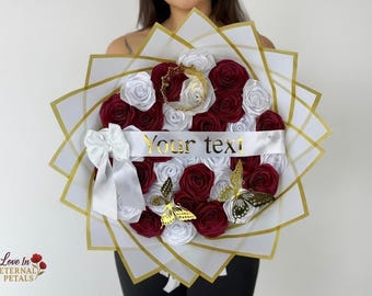 Personalized Rose Bouquet, Satin Ribbon Roses, Burgundy and White Eternal Flower Bouquet, Custom Rose Gift for Her, Valentines Day Rose Gift