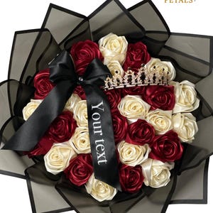 Elegant Red & Ivory Ribbon Rose Bouquet | Customized Handmade Flower Gift for Birthday or Special Occasions- Custom Eternal Rose Ramo Buchon