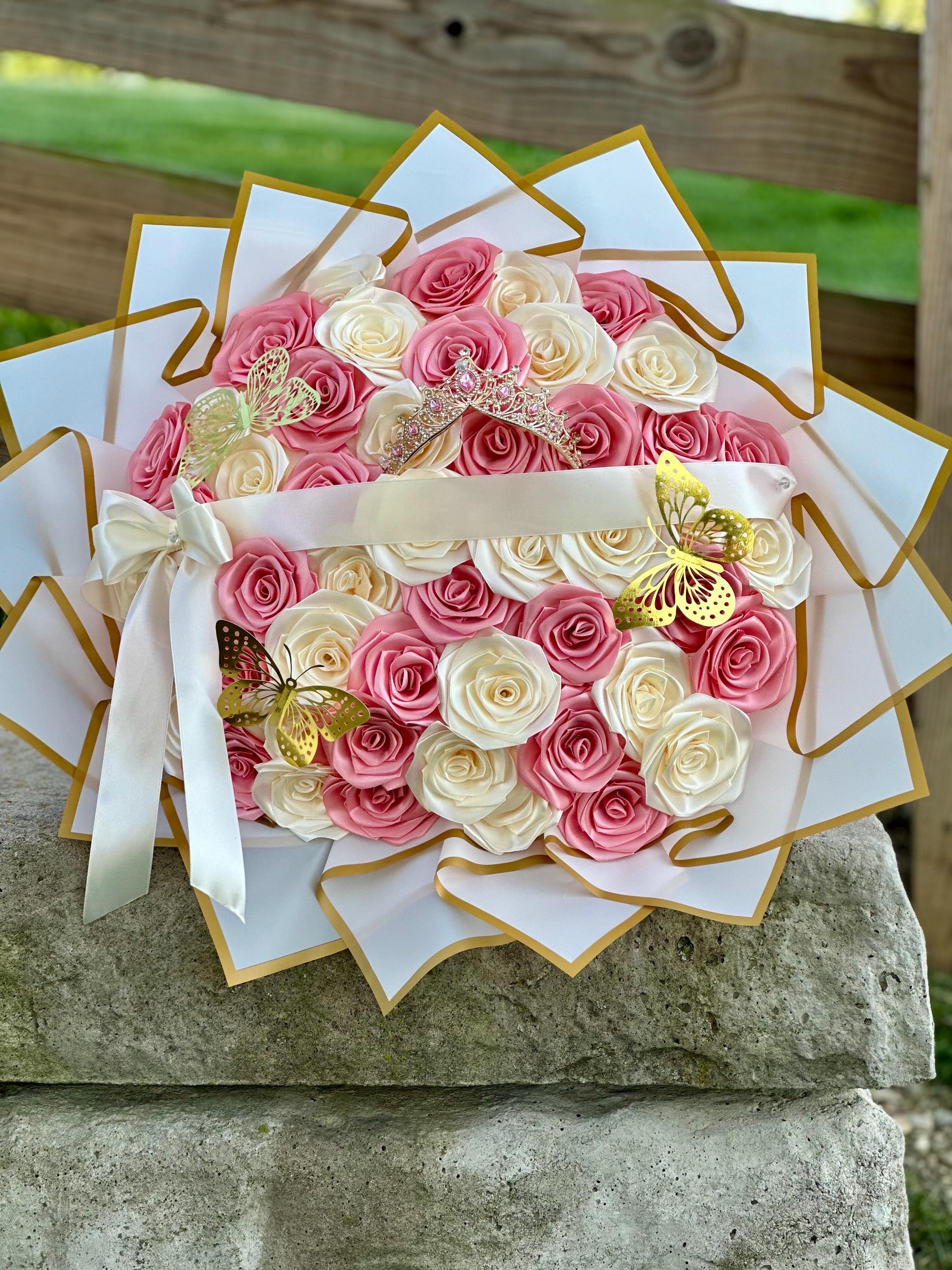 Custom Eternal Rose Flower Bouquet – Pink & Beige Roses With Tiara