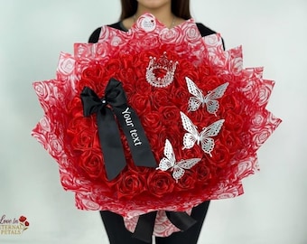 Red Eternal Rose Bouquet with Crown & Butterflies – Satin Ribbon Roses, Personalized Message Gift, Custom Bouquet Arrangement