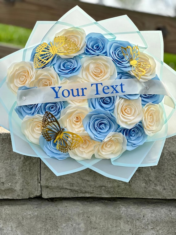 Personalized Ribbon Rose Bouquet, Custom Message Flower Arrangement, Pastel Blue Ramo Buchon, Forever Roses , Quince Bouquet, Birthday Gift