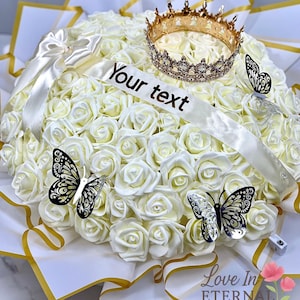 Custom White Rose Bouquet w/ Eternal Flowers- Personalized Handmade Flower Arrangement, Ramo Buchon, Elegant Birthday, Quince, Proposal Gift