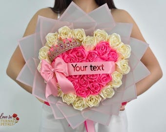 Custom Heart Rose Bouquet – Personalized Eternal Ribbon Roses, Valentine’s Day Gift for Her, Girlfriend Wife Anniversary Gift, Ramo Buchon