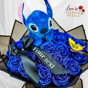 Stitch Plush Bouquet- Custom Glitter Rose Bouquet, Personalized Satin Ribbon Flower Arrangement, Ramo Buchon Para Novia, Grad Gift, Birthday