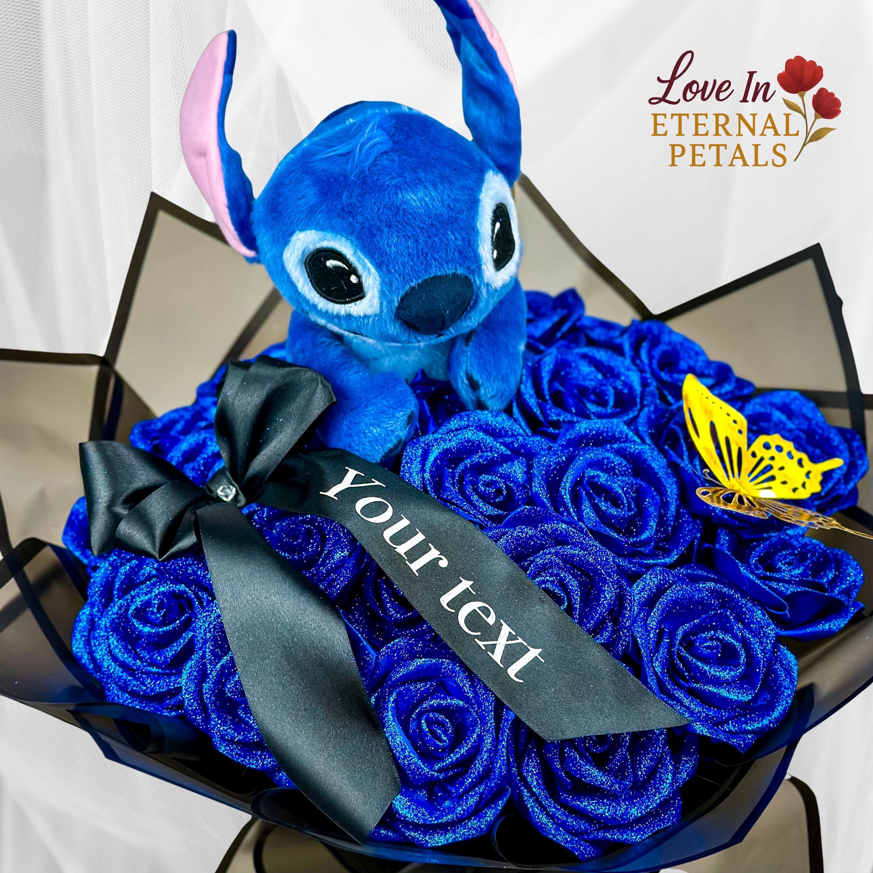 Stitch Plush Bouquet- Custom Glitter Rose Bouquet, Personalized Satin Ribbon Flower Arrangement, Ramo Buchon Para Novia, Grad Gift, Birthday