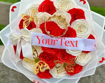 Handmade Ribbon Rose Bouquet – Ramo Buchón, Rosas Eternas, Forever Flowers Gift