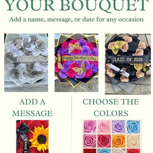May include: Image promoting personalized bouquets. The text reads "Personalize Your Bouquet" and "Add a name, message, or date for any occasion." Includes examples of bouquets with text, and a color selection chart. The bouquets have butterfly accents.
