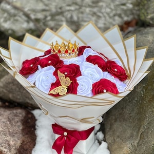 Luxury Red and White Eternal Rose Bouquet with Crown and Butterfly Accents- Perfect Gift for Valentines Day, Weddings or Special Occasions