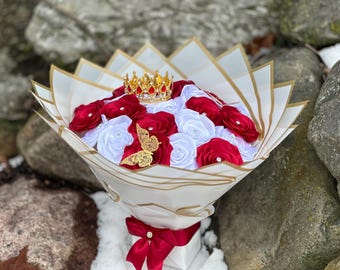 Luxury Red and White Eternal Rose Bouquet with Crown and Butterfly Accents- Perfect Gift for Valentines Day, Weddings or Special Occasions