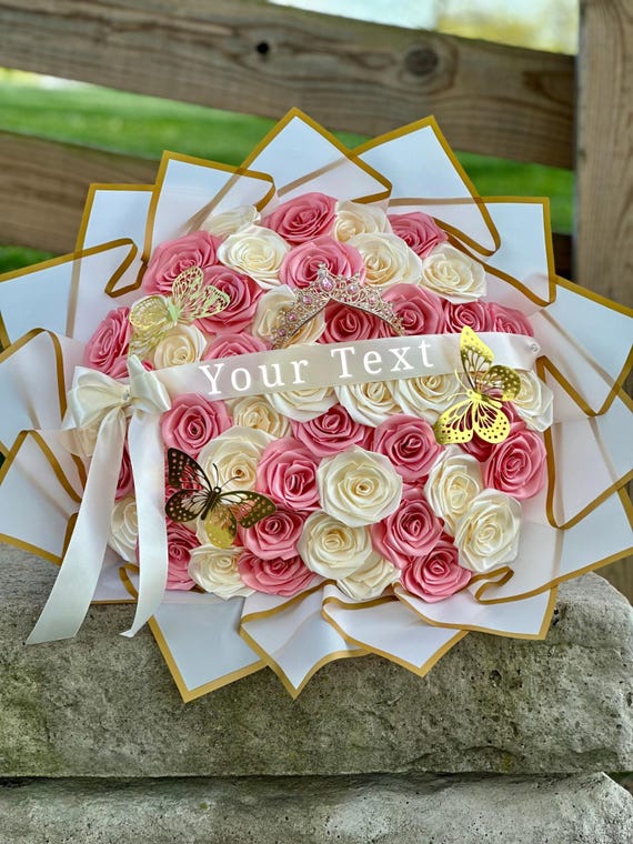 Custom Eternal Rose Flower Bouquet – Pink & Beige Roses With Tiara