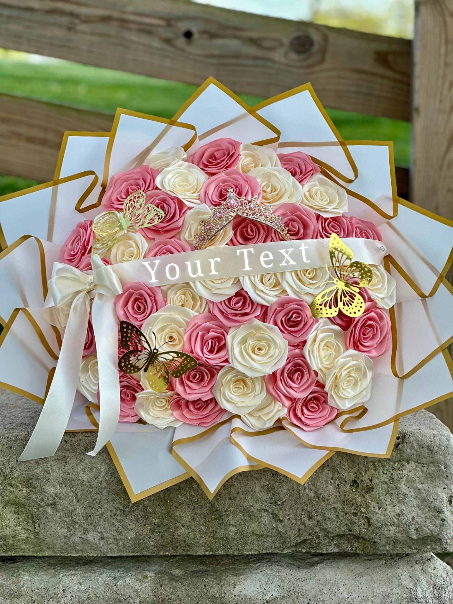 Custom Eternal Rose Flower Bouquet – Pink & Beige Roses With Tiara