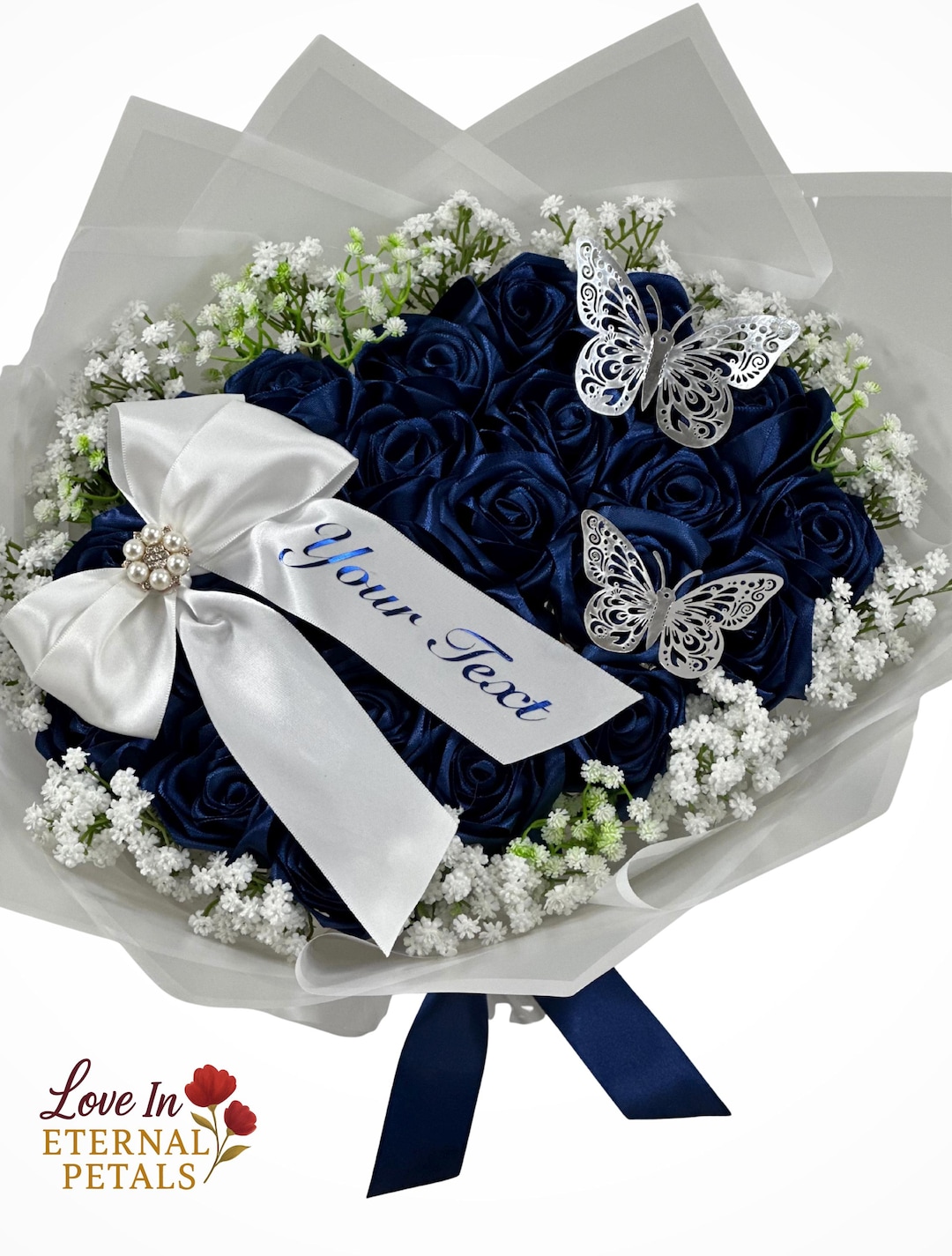 Personalized Ribbon Rose Bouquet With Baby’s Breath- Navy Blue Roses ...
