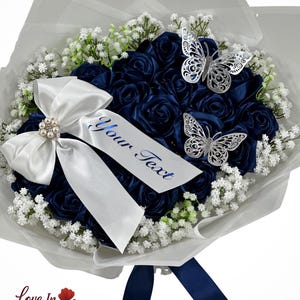 Personalized Ribbon Rose Bouquet with Baby’s Breath- Navy Blue Roses Ramo Buchon, Everlasting Eternal Flowers for Birthdays & Anniversaries