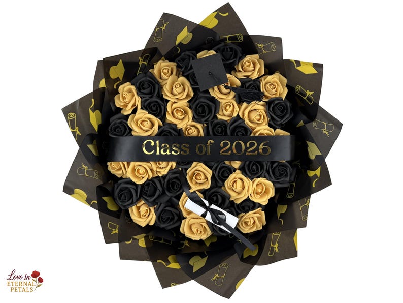 Graduation Rose Bouquet Class of 2026 Gift, Black Gold Flower Bouquet ...