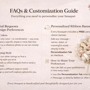 May include: An informational graphic titled "FAQs & Customization Guide" for bouquets. It details special requests, rose colors, wrapping styles, and personalized ribbon banners. A bouquet with a ribbon is shown. The text includes "Love in Eternal Petals".