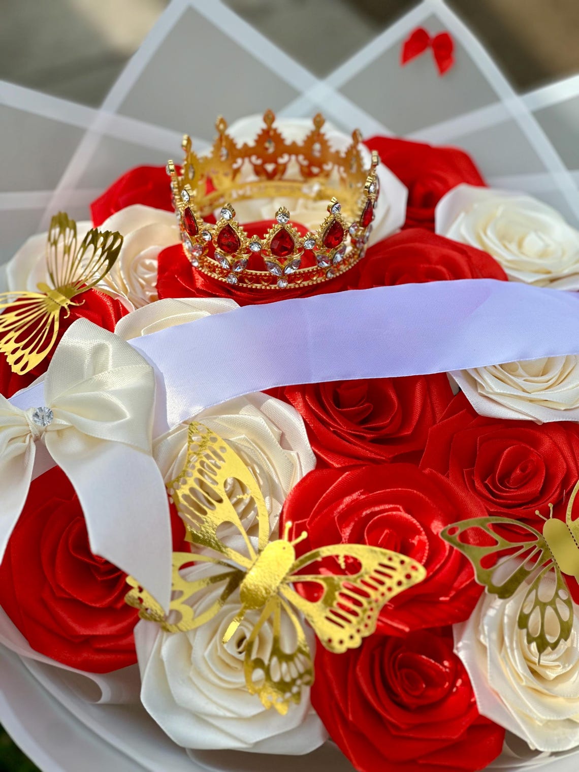 Red Ribbon Rose Ramo Handmade Ribbon Rose Bouquet – Ramo Buchón, Rosas Eternas, Forever ...