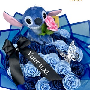 Stitch Rose Bouquet with Hidden Message- Custom Ribbon Flower Arrangement, Plush Toy Ramo Buchon, Will You Be My Girlfriend Proposal Gift
